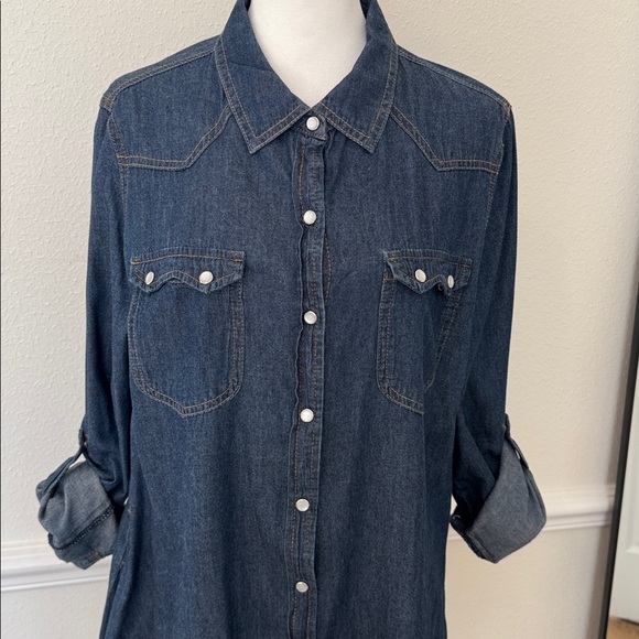 Yahada Dark Blue Denim Shirt Dress Western Pearl Snaps - Picture 2 of 3